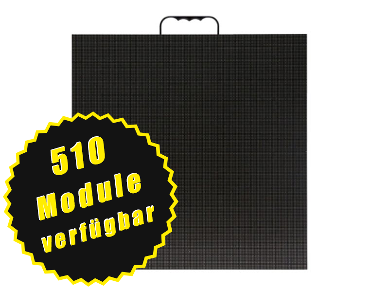 Schwarzes LED-Display-Panel mit Tragegriff oben; im Vordergrund ein gelb-schwarzes Abzeichen mit der Aufschrift "510 Module verfügbar, ideal zum Mieten oder Kaufen". Perfekt geeignet für flexible Event-Lösungen.