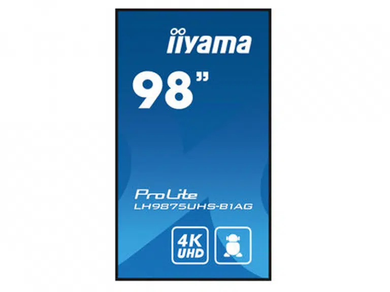 98 Zoll UHD Display iiyama ProLite LH9875UHS-B1AG mit iiyama-Logo und 4K UHD Icons auf blauem Hintergrund, ideal zur Miete - großes, modernes Bildschirmdisplay für brillante Bildqualität und professionelle Präsentationen.