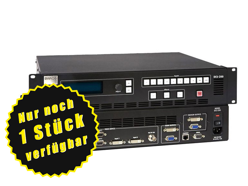 Zwei schwarze Rackmount-Geräte der Marke XYZ mit mehreren Knöpfen und Anschlüssen sind gestapelt abgebildet. Ein gelber Stern-Aufkleber mit der Aufschrift "Nur noch 1 Stück verfügbar - jetzt mieten oder kaufen!" hebt das begrenzte Angebot hervor. Ideal als professionelle Elektronik für Audio- oder Netzwerktechnik, auf dem Produktbild für SEO und Barrierefreiheit erklärt.