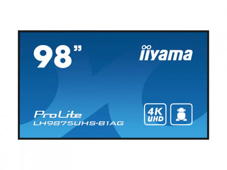 Das Produktbild zeigt das iiyama ProLite LH9875UHS-B1AG, ein 98 Zoll großes UHD Display mit 4K-Auflösung, auf dessen blauem Bildschirm die Zahl "98" und das iiyama Logo angezeigt werden. Im Bild stehen die Begriffe "98 Zoll UHD Display - iiyama ProLite LH9875UHS-B1AG mieten" zusammen mit den Icons für 4K UHD und OPS. Jetzt modernste Technik einfach mieten und erleben.