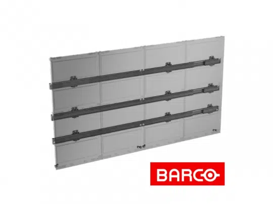 Rückansicht einer transparenten LED-Wandhalterung für Barco dvLED-Videowände von Vogel's, mit drei horizontalen Panelreihen und rotem BARCO-Logo unten rechts - ideale Lösung für moderne Videowand-Installationen (Neuware).