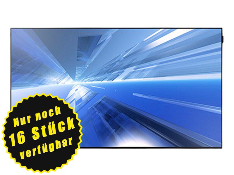 Flachbildfernseher mit blauem abstraktem Grafik-Motiv auf dem Bildschirm; unten links befindet sich ein gelb-schwarzes Abzeichen mit der Aufschrift "Nur noch 16 Stück verfügbar - jetzt kaufen oder mieten", da nur noch wenige Geräte auf Lager sind.