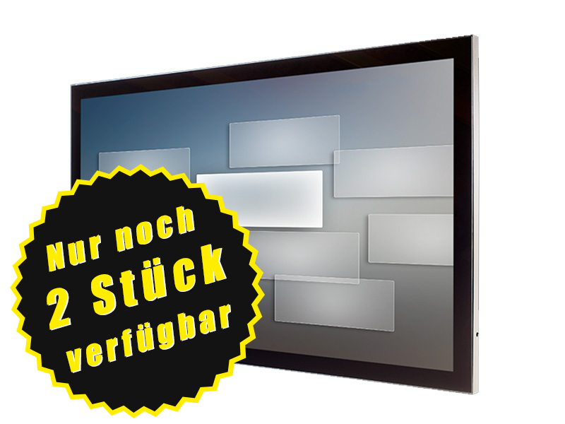 Großer Flachbildschirm-Monitor mit gelb-schwarzem Stern-Aufkleber "Nur noch 2 Stück verfügbar" - nur zwei Monitore zum Kauf oder zur Miete erhältlich.