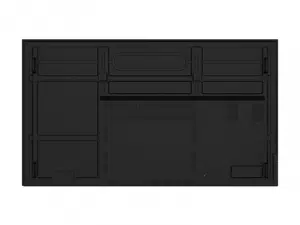 Top-Down-Ansicht des schwarzen iiyama ProLite LH9875UHS-B1AG 98 Zoll UHD Displays; das leere Display zeigt sichtbare interne Fächer und Steckplätze - ideal als Mietdisplay für professionelle Anwendungen.