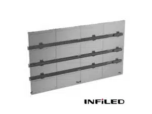A Vogel's InfiLED dvLED-Videowand (Neuware) LED-Wandhalterung vor weißem Hintergrund. Die schwarze, flache Halterung für große LED-Videowände ist deutlich sichtbar, unten rechts erscheint das INFiLED-Logo. Perfekte Lösung zum Kaufen für eine innovative Bildschirmmontage.