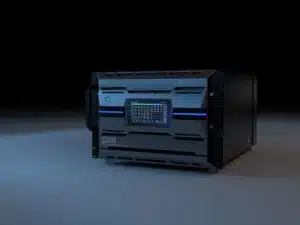 Steglos Switcher PIXELHUE Q8 als Neuware - professionelles Bildmischpult mit farbigem Display, blauen LED-Akzentleuchten und seitlichen Tragegriffen, vor dunklem Hintergrund abgebildet; erhältlich zum Kauf oder zur Miete.