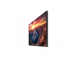 Das Samsung QM43B-T 43 Zoll 4K UHD Signage Display wird seitlich auf weißem Hintergrund gezeigt. Auf dem Bildschirm ist eine farbenfrohe Flusslandschaft bei Sonnenuntergang zu sehen. Perfekt zum Kaufen oder Mieten für digitale Werbung und Präsentationen.
