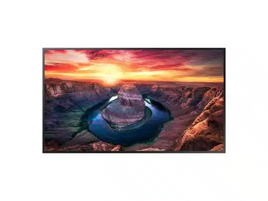 Das Samsung QM43B-T 43 Zoll 4K UHD Signage Display zeigt auf dem Bildschirm ein lebendiges Bild von Horseshoe Bend mit einem sich windenden Fluss, roten Felsen und farbenprächtigem Sonnenuntergang - perfekt zum Mieten oder Kaufen für wirkungsvolle Präsentationen.