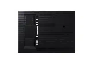 Rückansicht des 43 Zoll 4K UHD Signage Display Samsung QM43B-T mit gestreifter Rückwand und mehreren seitlich links vertikal angeordneten Anschlussmöglichkeiten wie HDMI und USB-perfekt zum Kaufen oder Mieten. (SEO-optimiert: Produktname, Displaygröße, Anschlüsse, Nutzungsoption).