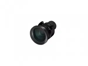 Nahaufnahme des schwarzen Epson ELPLU03S Weitwinkel-Zoom Wechselobjektivs mit großer Glaslinse, ideal zum Mieten, isoliert vor weißem Hintergrund.