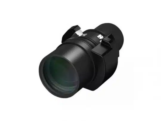 Epson ELPLM10 Tele-Zoom Wechselobjektiv mit Einstellringen und seitlichen Knöpfen, schräg vor weißem Hintergrund - ideales Objektiv zum Mieten für Fotografie-Profis und Events.