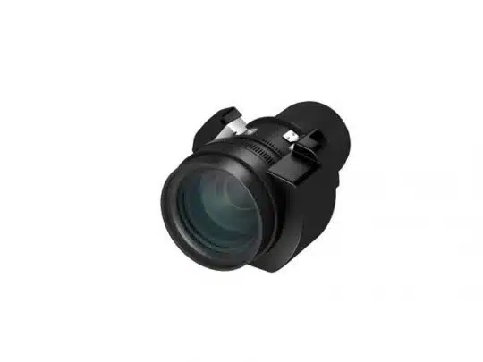 Standard-Zoom Wechselobjektiv Epson ELPLM15 mit breitem Frontelement und zwei robusten Metallhalterungen, ideal für professionelle Projektionen, auf weißem Hintergrund - perfektes Mietobjektiv für Epson-Projektoren.