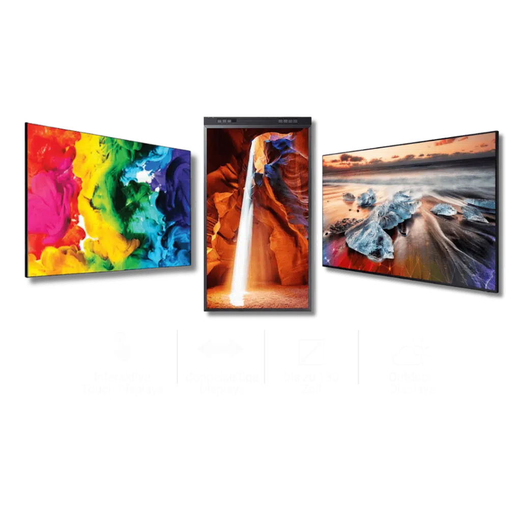 Drei nebeneinander stehende, große digitale Displays - auf den Bildschirmen sind abstrakte Kunst, eine Canyon-Landschaft und eine felsige Küste zu sehen. Symbole darunter zeigen die Funktionen: interaktiver Touchscreen, beidseitige Anzeige, bis zu 130 Zoll Größe und Outdoor-Nutzung. Die Displays sind für Kauf oder Miete erhältlich. SEO-Begriffe integriert: Digitale Displays kaufen oder mieten, interaktive Outdoor-Touchscreens.