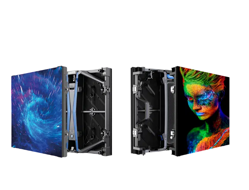 Zwei LED-Display-Panels stehen nebeneinander: Das linke zeigt einen blauen Strudel, das rechte ein farbenfrohes, gemaltes Gesicht. Beide LED-Wände sind teilweise geöffnet, sodass die interne Technik sichtbar ist - perfekt für alle, die eine moderne LED-Wand kaufen oder mieten möchten.