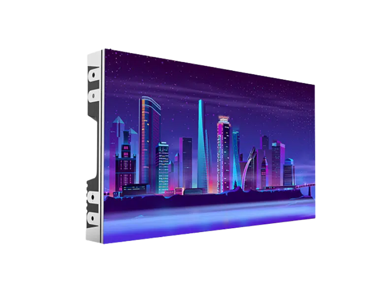 Slim LED Display mit futuristischer Stadtlandschaft bei Nacht - Das rechteckige, schlanke LED-Display zeigt eine farbenfrohe City-Skyline mit leuchtenden Wolkenkratzern und violettem Sternenhimmel. Das hochwertige Display ist leicht angeschrägt zu sehen und eignet sich ideal zum Mieten oder Kaufen für eindrucksvolle Präsentationen.