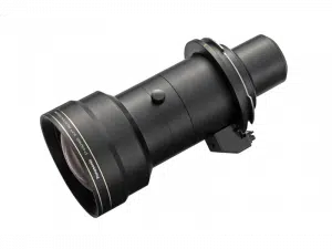 Panasonic ET-D3LEW50 Extrem-Weitwinkel-Zoom Wechselobjektiv mit breitem Frontelement, sichtbarem Einstellknopf und stabiler Montagehalterung vor weißem Hintergrund - ideales Profi-Objektiv zum Mieten.