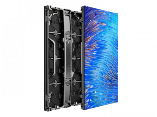 Das Produktbild zeigt das Unilumin URMIII 03P BF MK2 LED Wand Modul 3.9mm (0,50*1,00m) von vorne und hinten; auf der Vorderseite sind leuchtende blaue und orange Grafiken zu sehen, die Rückseite offenbart die internen Komponenten des LED-Moduls - ideal zum Kauf als Neuware.