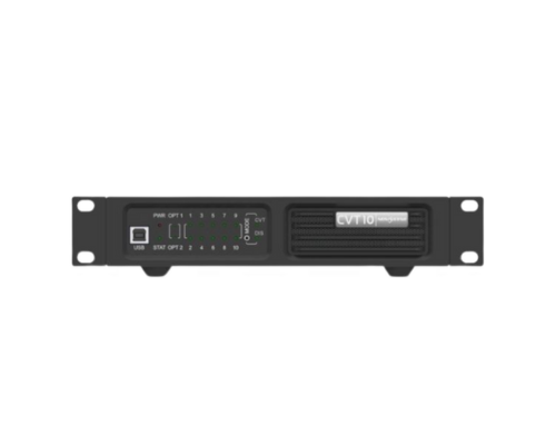 Frontansicht des schwarzen 2U Rackmount Audioverstärkers "CVT10" mit LED-Anzeigen, Ein-/Ausschalter und belüfteter Frontblende - professioneller Verstärker zum Kaufen oder Mieten für hochwertige Audio-Lösungen.