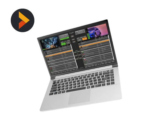 Laptop mit geöffneter DJ-Software (Display zeigt zwei gemixte Tracks und Playlists), daneben ein rundes Logo mit orange-goldenem Dreieck - optimale Lösung für professionelle DJs, die hochwertiges DJ-Equipment kaufen oder mieten möchten.