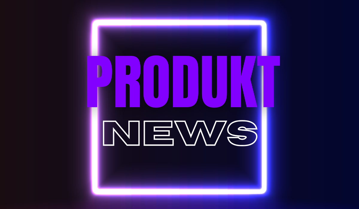 Leuchtender, neonfarbener Quadrat-Rahmen auf dunklem Hintergrund mit dem Schriftzug "PRODUKT NEWS" in auffälligen weißen und lila Buchstaben; darunter Hinweise zu attraktiven Angeboten zum Mieten oder Kaufen - modernes Grafikdesign für neue Produkte und Aktionen.