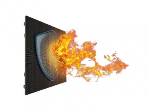 Produktbild des Non-Flammable LED-Modul 2.6mm Indoor - CreativeLine SX-CL-260-iF-ACWv10a-SFP (Neuware): Auf weißem Hintergrund ist ein digitales Schild-Symbol zu sehen, das helle Flammen auf einem schwarzen Bildschirm blockiert - als Symbol für den flammhemmenden Schutz des LED-Moduls für Indoor-Anwendungen.