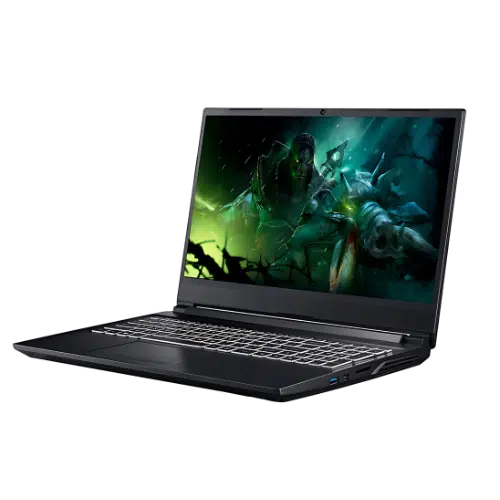 Schwarzer Gaming-Laptop mit beleuchteter Tastatur, ideal zum Mieten oder Kaufen; auf dem Bildschirm ist eine Fantasieszene mit einem grün-blau leuchtenden Charakter im Kampf zu sehen, Laptop von links fotografiert.