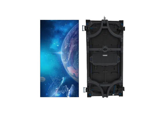 LED Display Panel Vorder- und Rückansicht - vorne zeigt das hochwertige LED Display ein farbenfrohes, kosmisches Motiv mit blauem Planeten und Sternen; hinten sichtbar ist die robuste, schwarze Rahmenkonstruktion mit Elektronik. Ideal zum Kaufen oder Mieten für beeindruckende visuelle Effekte auf Events oder Messen.