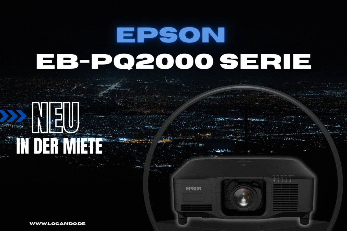 Werbegrafik für den Epson EB-PQ2000 Beamer: Im Vordergrund ist der weiße Epson EB-PQ2000 Projektor zu sehen, dahinter eine moderne Stadt bei Nacht. Im Bild steht in großer Schrift "Neu zum Mieten oder Kaufen".