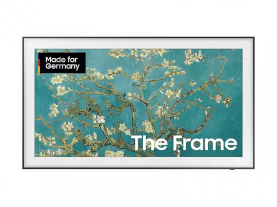 Produktbild des 32 Zoll FullHD QLED-TV Samsung The Frame: Der Fernseher zeigt ein Kunstwerk mit blühenden Zweigen auf blauem Hintergrund, hat einen schmalen weißen Rahmen, das "Made for Germany" Abzeichen und ist als Mietgerät abgebildet.