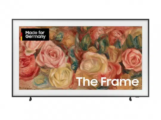 Samsung The Frame 43 Zoll 4K/UHD QLED-TV zeigt ein realistisches Gemälde bunter Rosen; oben links das Label "Made for Germany", unten rechts der Schriftzug "The Frame". Ideal zum Mieten - stilvoller Fernseher mit Kunstmodus für elegantes Wohnen.