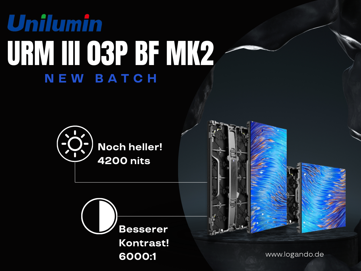 Werbebild für Unilumin URM III O3P BF MK2 LED Displays, zeigt Front- und Rückansicht der LED-Panels mit leuchtenden blauen Farben. Die Grafik hebt die hohe Helligkeit von 4200 nits und einen Kontrast von 6000:1 hervor. Die LED Displays sind zum Kaufen oder Mieten erhältlich.