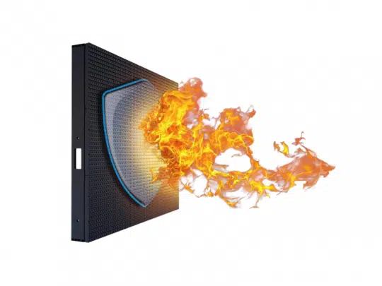 Das Produktbild zeigt das nicht entflammbare LED-Modul 6.8mm Outdoor - UltraLine SX-UL-682-OF-DGWv1a-SFP (Neuware): Auf einem schwarzen digitalen Panel ist ein Schildsymbol abgebildet, das Flammen abwehrt und so den flammensicheren Schutz des LED-Moduls auf weißem Hintergrund symbolisiert. Ideal für feuerfeste LED-Lösungen im Außenbereich.