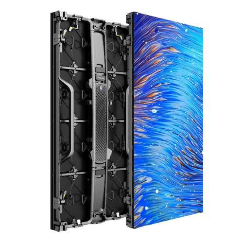 Digitales Display-Panel (zur Miete oder zum Kauf), links teilweise zerlegt mit sichtbaren internen Komponenten, rechts zeigt der Bildschirm ein leuchtend blau-orangefarbenes abstraktes Bild.