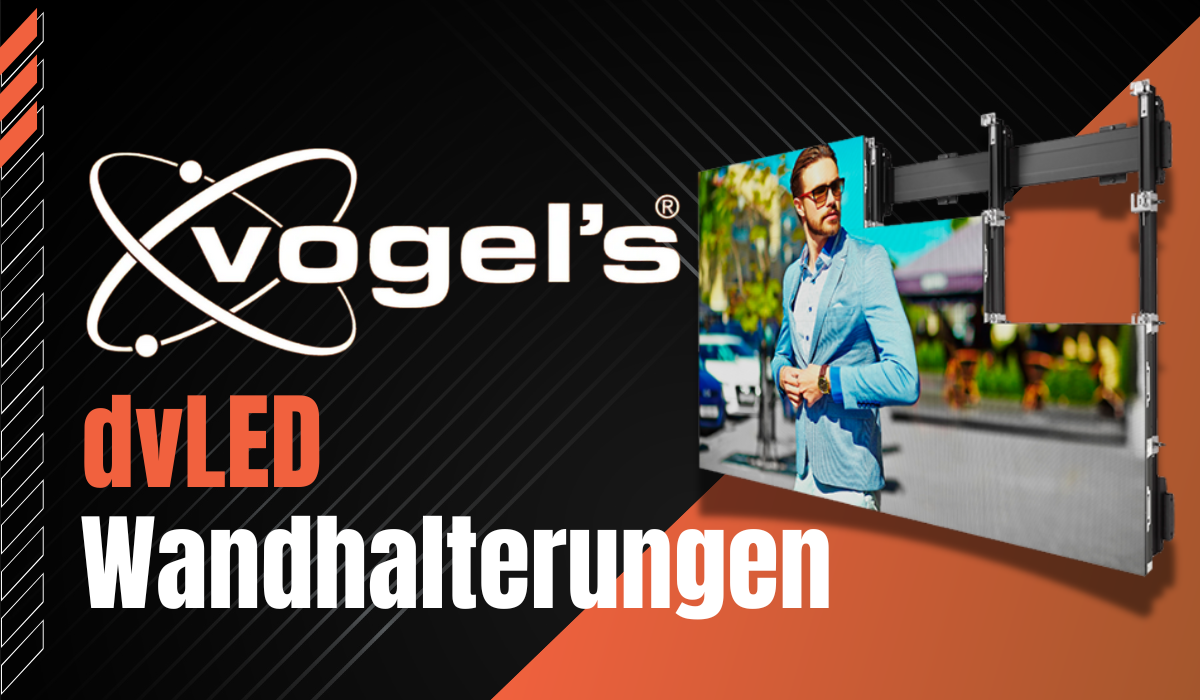 Werbegrafik für Vogels dvLED Wandhalterung - Abbildung zeigt eine robuste, angewinkelte Wandhalterung mit großem Display und elegant gekleidetem Mann davor. Das Vogels Logo sowie der Produktname sind prominent dargestellt. Schwarzer und orangefarbener geometrischer Hintergrund, ideal für Kunden, die Vogels dvLED Wandhalterungen kaufen oder mieten möchten.