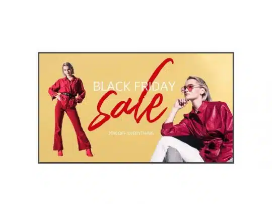 Werbeanzeige für den Black Friday Sale: Eine Frau in Rot steht neben dem 110 Zoll UHD Signage Display LG 110UM5K-B, das mit 20 % Rabatt zum Mieten oder Kaufen angeboten wird. Große "BLACK FRIDAY" Schrift auf leuchtend gelbem Hintergrund macht auf das Angebot aufmerksam.