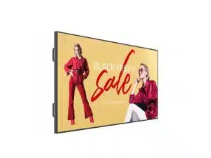 LG 110UM5K-B 110 Zoll UHD Signage Display zeigt Black Friday Werbung mit zwei Frauen in roten Outfits auf gelbem Hintergrund und 20% Rabatt auf alles. Jetzt dieses digitale Display mieten oder kaufen.