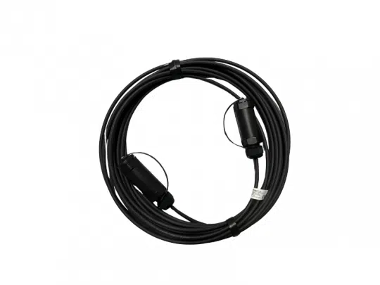 15m Glasfaser HDMI 2.0 Kabel mit Steckern an beiden Enden, sicher von Kabelbindern zusammengehalten; Produkt liegt isoliert auf weißem Hintergrund - hochwertiges HDMI Kabel, perfekt zum Mieten für gestochen scharfe Bildübertragung über lange Distanzen.