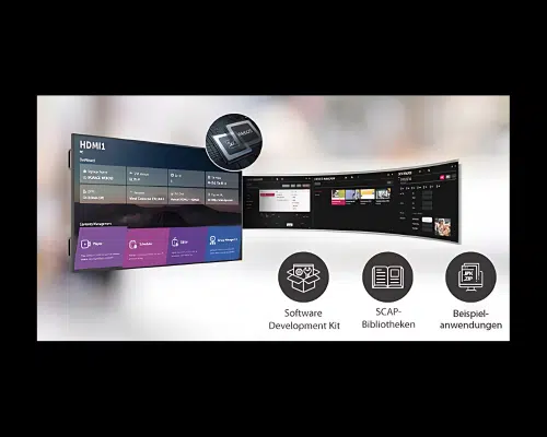 LG 110UM5K-B 110 Zoll UHD Signage Display mit digitaler Benutzeroberfläche; gezeigt werden HDMI1-Einstellungen, App-Icons für Software Development Kit, SCAP Libraries, Beispiel-Apps sowie ein Chip-Symbol darüber und Auswahlmöglichkeiten zum Kaufen oder Mieten von Softwarelösungen.