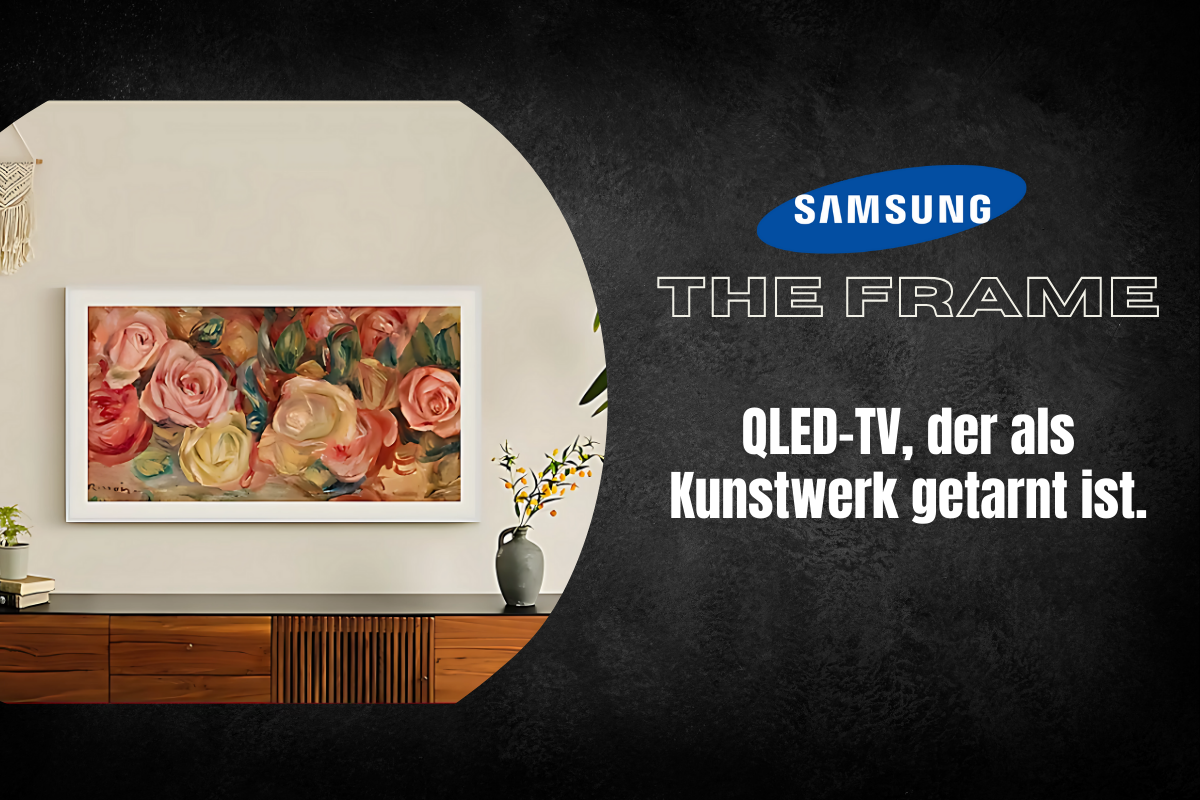 Samsung The Frame TV als stilvolles QLED-TV, an der Wand montiert und getarnt als Kunstwerk mit einem Rosenbild; darunter eine Holzkonsole mit Vase. Perfekt zum stilvollen Wohnen - jetzt kaufen oder mieten.