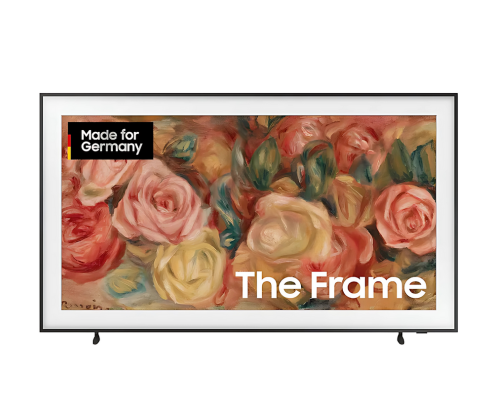 Weiß-gerahmtes Samsung The Frame-Display zeigt ein impressionistisches Gemälde bunter Rosen; oben links steht "Made for Germany", unten rechts "The Frame" - ideal zum Kaufen oder Mieten.