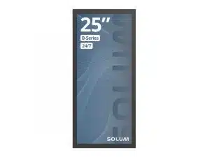 Solum LCD Signage B25A - rechteckiges 25 Zoll QHD Bar Display, abgebildet auf einem blau-grauen Wellenhintergrund mit weißem Text; unten im Bild steht "SOLUM". Ideal zur Miete oder zum Kaufen, Neuware.