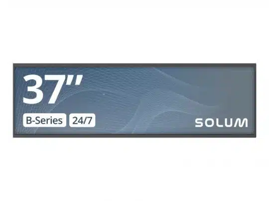 Solum Newton Signage B37A, neues 37-Zoll-FHD Bar Display mit rechteckigem, digitalem Bildschirm und SOLUM-Logo, präsentiert sich vor blauem Wellen-Hintergrund - ideal zur vielseitigen Business-Nutzung.