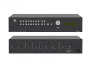 Front- und Rückansicht der HDMI Kreuzschiene 8x8 - Kramer VS-88DT: Schwarzer AV-Matrix-Switcher mit Bedientasten, Drehregler, Display auf der Front, auf der Rückseite Ethernet-Anschlüsse, HDMI-, Audio-Buchsen und Netzstecker; perfekt zum Mieten für professionelle Signalverteilung.