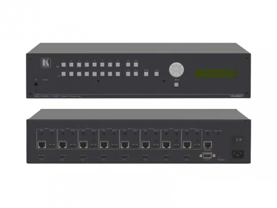 Front- und Rückansicht der HDMI Kreuzschiene 8x8 - Kramer VS-88DT: Schwarzer AV-Matrix-Switcher mit Bedientasten, Drehregler, Display auf der Front, auf der Rückseite Ethernet-Anschlüsse, HDMI-, Audio-Buchsen und Netzstecker; perfekt zum Mieten für professionelle Signalverteilung.
