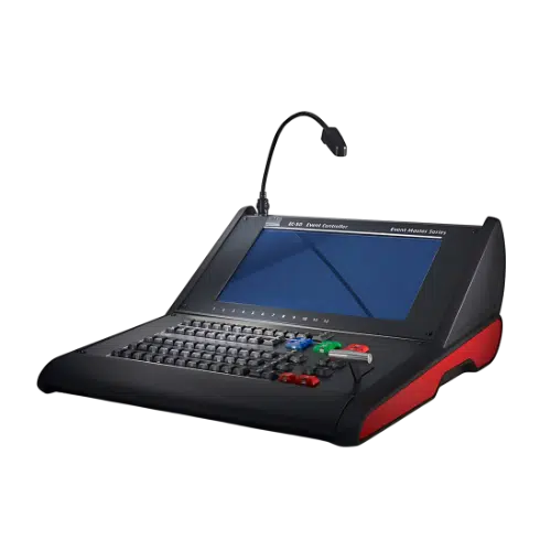 Schwarzes und rotes Desktop-Kontrollpanel mit integriertem Bildschirm, Tastatur, farbigen Tasten und flexiblem Mikrofon links oben - ideal als Bedienpult für Konferenzen oder Veranstaltungstechnik. Das Produkt ist zum Kaufen oder Mieten verfügbar und auf weißem Hintergrund isoliert dargestellt.