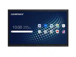 Clevertouch interaktives Display mit blau gepunktetem Hintergrund zeigt Uhrzeit, Datum (Dienstag, 30. Januar 2024) und App-Symbole wie Microsoft Teams, Zoom, YouTube, Google Classroom und Chrome - modernes Touchscreen-Whiteboard für digitale Zusammenarbeit.