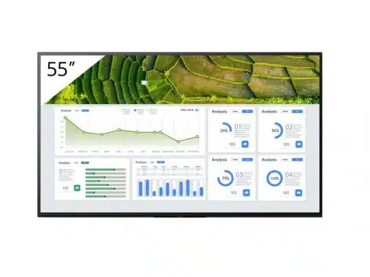 55-Zoll-Flachbildschirm, ideal zum Kaufen oder Mieten, zeigt oben eine grüne Luftaufnahme einer Landschaft und unten Geschäftsdaten mit Liniendiagrammen, Balkendiagrammen und Statistiken. Perfektes Display für Präsentationen und Datenvisualisierung.