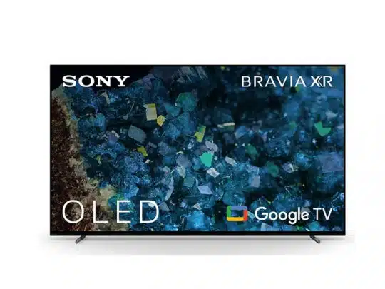Sony Bravia XR OLED TV zeigt ein farbenfrohes abstraktes Bild auf dem Bildschirm; auf dem Display sind die Logos von Sony, Bravia XR, OLED und Google TV zu sehen. Moderner 4K-Fernseher mit schlankem Design - ideal zum Mieten oder Kaufen für beeindruckendes Home Entertainment.