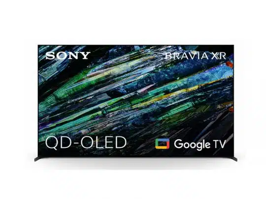 Sony Bravia XR TV mit QD-OLED-Technologie und Google TV, zeigt ein farbenfrohes abstraktes Bild auf dem Bildschirm - flexibel zum Mieten oder Kaufen.