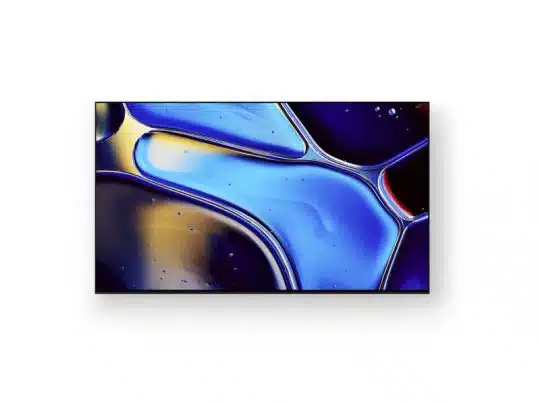 Produktbild eines Flachbildfernsehers (Flat-Screen TV) vor weißem Hintergrund. Auf dem Bildschirm ist ein abstraktes Bild mit geschwungenen Formen in Blau, Gelb und Schwarz zu sehen. Der moderne Fernseher eignet sich ideal zum Kaufen oder Mieten für Wohnzimmer oder Büro.